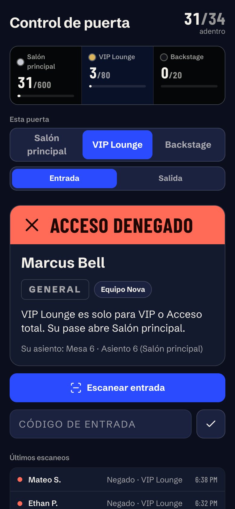 Puerta negando el paso a un invitado General en el VIP Lounge, con aforo en vivo por zona