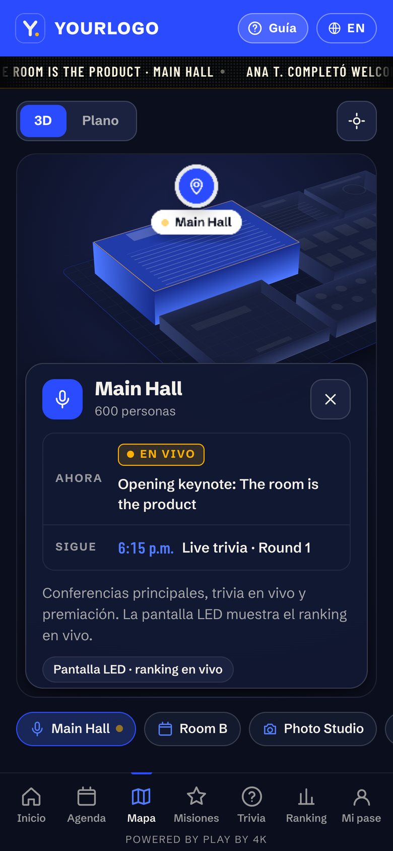 Mapa 3D del venue volando al Main Hall